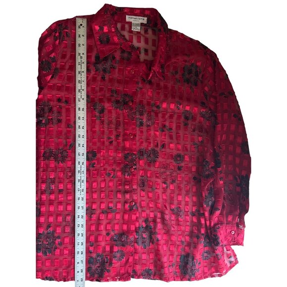 Notations Womens 1X Red & Black Sheer Shimmery Floral Long Sleeve Button Up Top - Picture 7 of 8